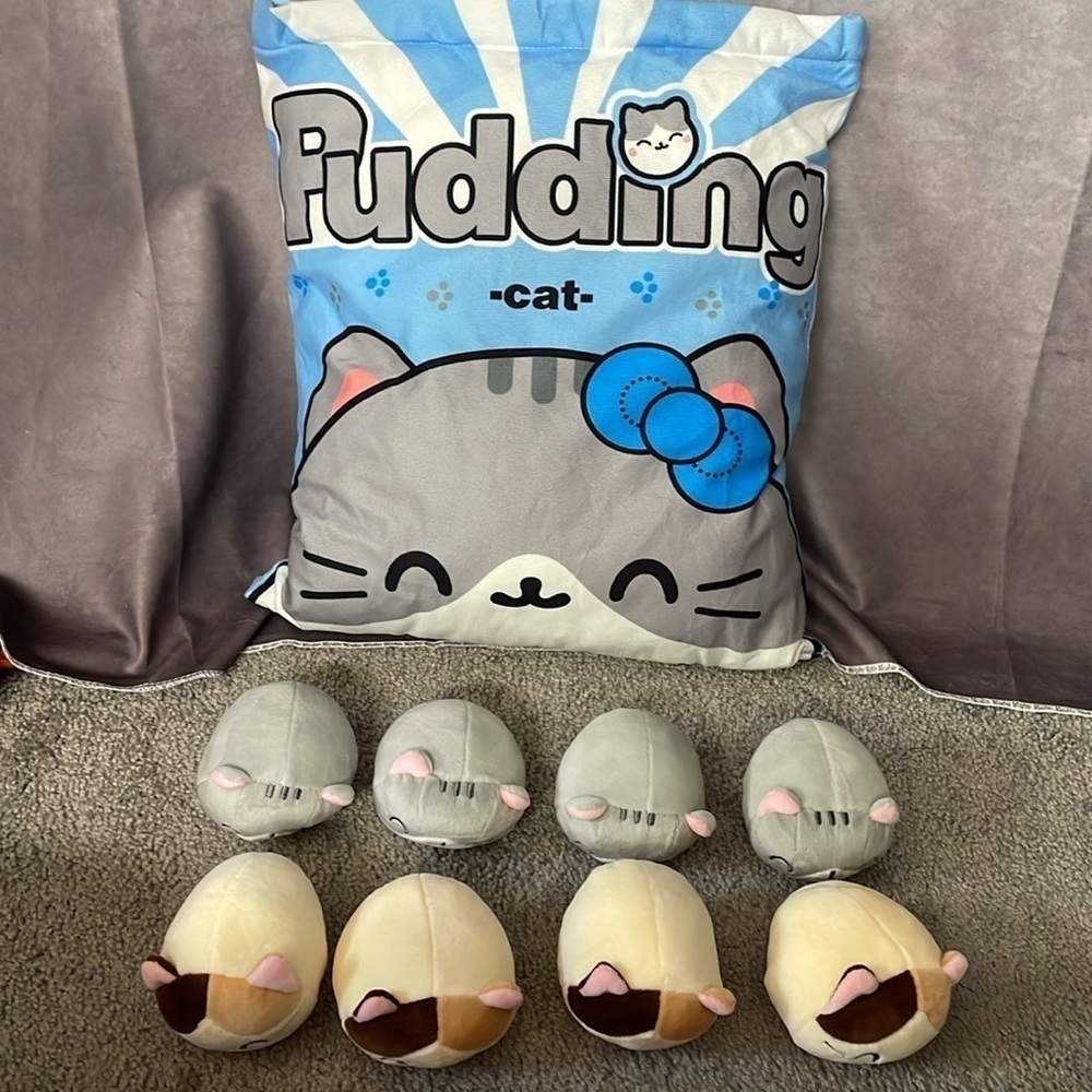 Pudding Cat Blue Zipper Pillow Pouch With 8 Mini Plush Kittens